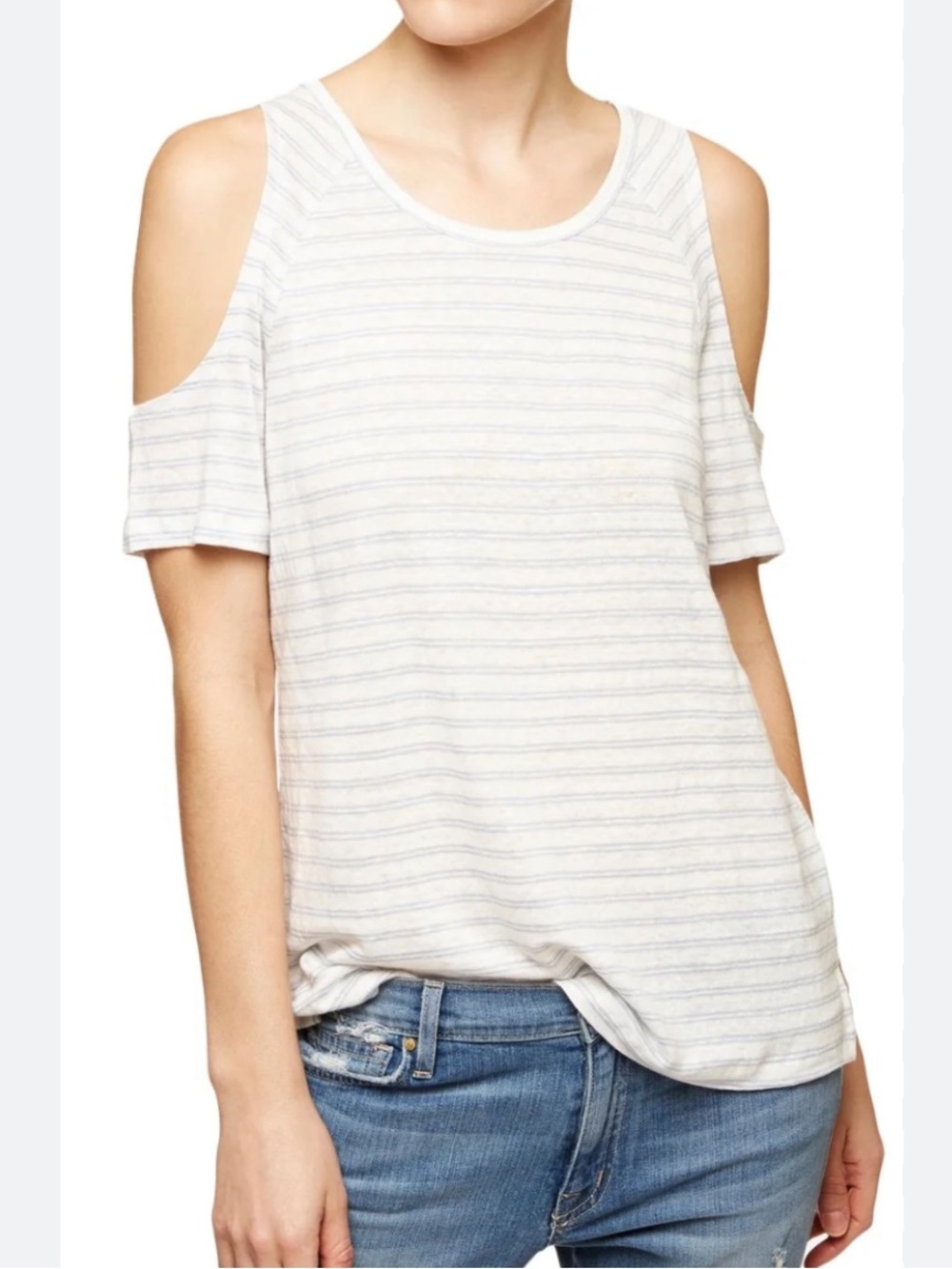 Sanctuary Sz XL T-shirt Linen Striped Casual Top Cold-Shoulder Blue White Preppy